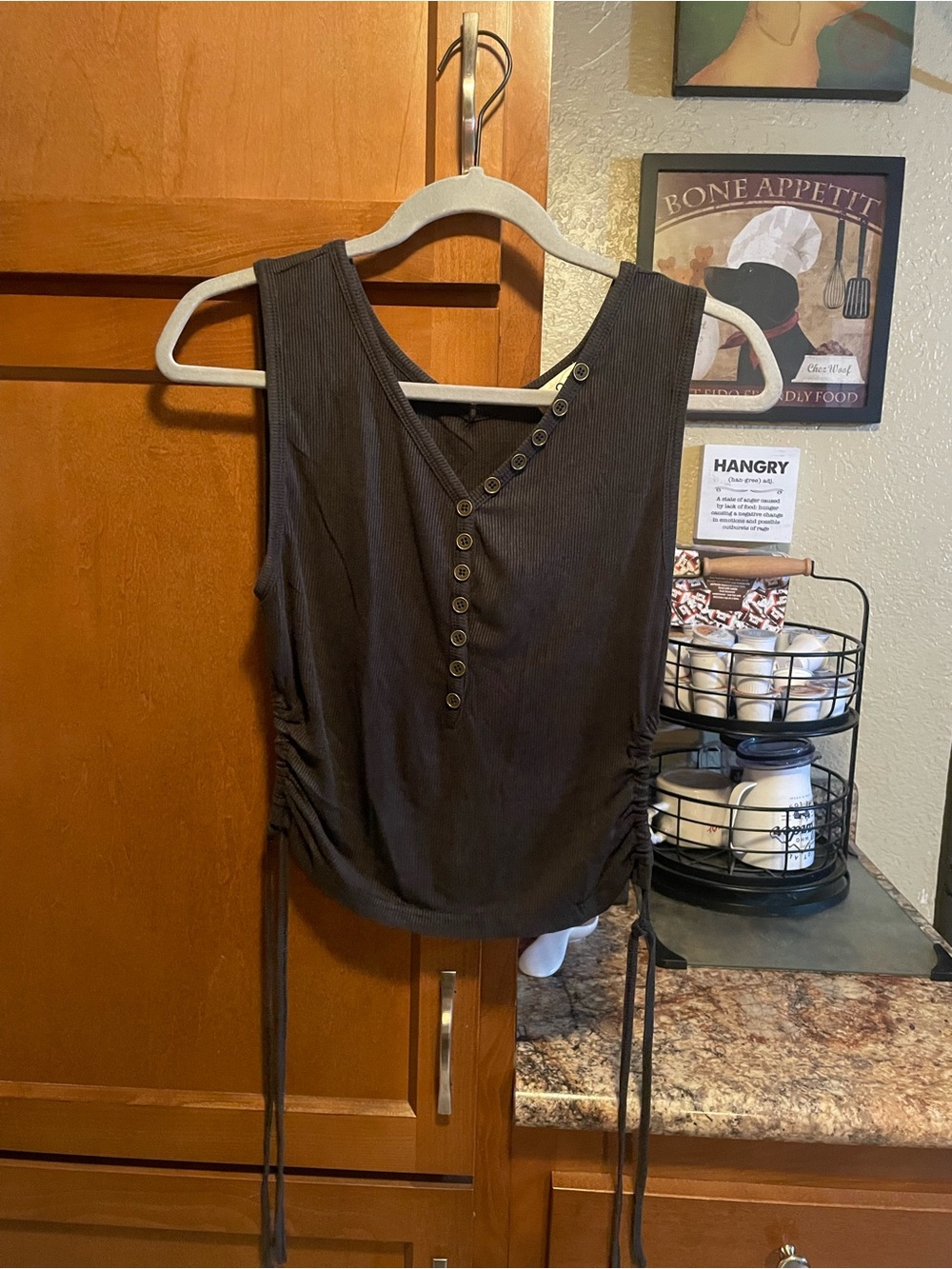 POL Black Ribbed V-Neck Tank with Button Detail